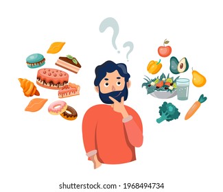 Man choosing between healthy and unhealthy food, fast food vs balanced menu. Fastfood vs balanced menu comparison isolated clipart. Vector illustration in cartoon style