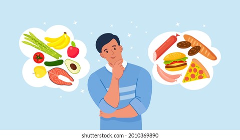 Hombre eligiendo entre comida saludable y no saludable. Comida rápida y comparación equilibrada de menús, dieta. Elección entre nutrición buena y mala. Ilustración del vector