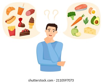 Man choosing between healthy and unhealthy food. Fastfood vs balanced menu. Concept vector illustration 