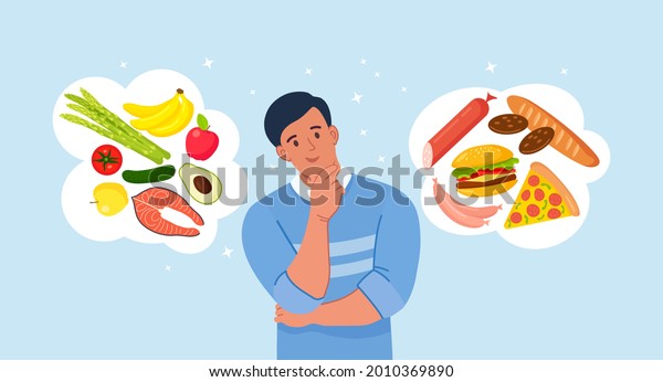 Man Choosing Between Healthy Unhealthy Food Stock Vector (Royalty Free ...