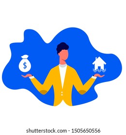 Man choosing between home and money flat vector illustration. Budget planning concept isolated clipart. Money savings investment and funding. Bank loan and economy choice. Financial literacy. Man choosing between home and money flat vector illustration. Budget planning concept isolated clipart. Money savings investment and funding. Bank loan and economy choice. Financial literacy.