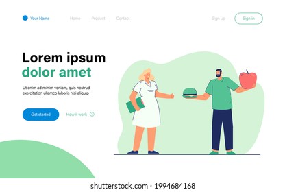 Man choosing between junk and healthy food. Flat vector illustration. Cartoon man holding giant apple and burger while standing next to doctor. Food, diet, health, medicine concept for banner design