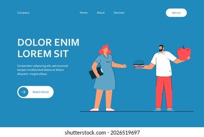 Man choosing between junk and healthy food. Flat vector illustration. Cartoon man holding giant apple and burger while standing next to doctor. Food, diet, health, medicine concept for banner design