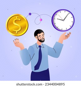 Man choosing between money or time. business solutions, startup, time management, planning and strategy. financing and investment. work-life balance. Modern vector illustration.