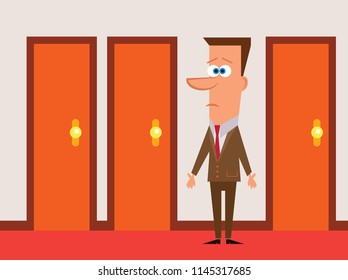 Man choosing between options of different doors that represent life path or crossroads