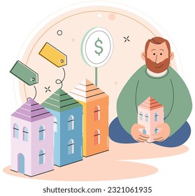 Man choosing between rent and sell property. Rent apartment, buying private house. Person sitting near building in residential area. Mortgage loan, real estate investment. Home purchase dealing