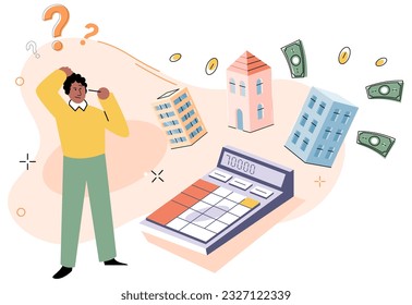 Man choosing between rent and sell property. Rent apartment, buying house. Mortgage loan, real estate investment. Choice between selling and tenancy home. Home purchase dealing. Expensive housing