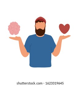 Man choosing between two options with brain in one hand and heart in another. Vector trendy hand drawn illustration. Logic vs feelings concept. Isolated on white background.