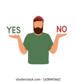 Man choosing between two options. Vector trendy hand drawn illustration. Yes or no lettering. Isolated on white background.