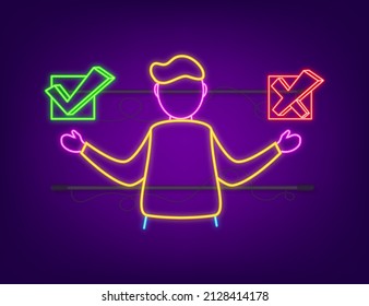 Man choosing between two options yes and no neon icon. Vector stock illustration