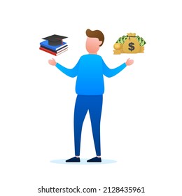 Man choosing between two options Money and education. Vector stock illustration.
