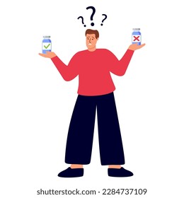 Man choosing between two options.Man thinking about vaccine.Male character choosing between medicament.The guy chooses the medicine.Difficult choice in pharmacy.The guy is holding two jars of pills.