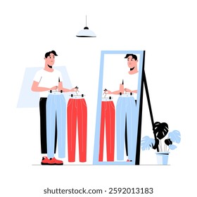 Man Choosing Between Two Pairs Of Pants In Flat Vector Illustration Symbolizing Fashion Choices, Personal Style, And Shopping, Isolated On White Background.
