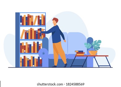 Hombre eligiendo libro en la biblioteca de casa. Esparcimiento, estante, ilustración vectorial plana del sofá. Hobby y concepto de entretenimiento para banner, diseño de sitios web o página web de aterrizaje