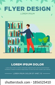 Man choosing book in home library. Leisure, shelf, sofa flat vector illustration. Hobby and entertainment concept for banner, website design or landing web page