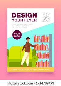 Man choosing book in home library. Leisure, shelf, sofa flat vector illustration. Hobby and entertainment concept for banner, website design or landing web page