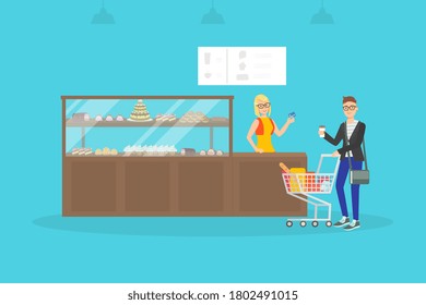 Man Choosing and Buying Desserts at Bakery Shop, Female Seller Serving Customers at Confectionery or Cafe Vector Illustration
