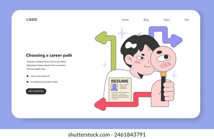 Man choosing career path web banner or landing page. New opportunities, life changing decision. Youth and adulthood years. Life milestones. Young male character getting old. Flat vector illustration