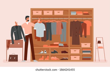 Man Choosing Clothes In Clothing Home Wardrobe Room Vector Illustration. Cartoon Bearded Male Character Trying To Choose What To Wear, Standing Near Closet Cabinet Or Dresser Full Of Clothes, Shoes