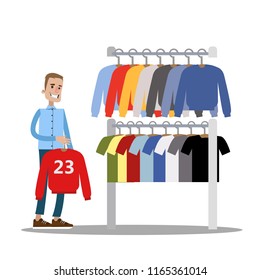 Man choosing clothes in the clothing store. Searching for fashion hoodie. Isolated vector flat illustration
