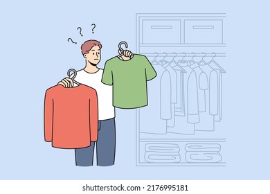 Man choosing clothes near wardrobe at home. Guy feel confused make decision about garment or apparel. Fashion and style problem. Vector illustration. 