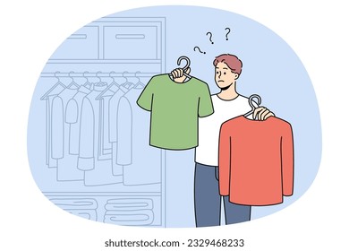 Hombre eligiendo ropa cerca del armario en casa. El tipo se siente confundido y toma decisiones sobre la ropa o la ropa. Problema de moda y estilo. Ilustración vectorial.