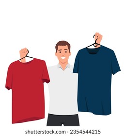 Man choosing clothes near wardrobe at home. Guy feel confused make decision about garment or apparel. Fashion and style problem. Flat vector illustration isolated on white background