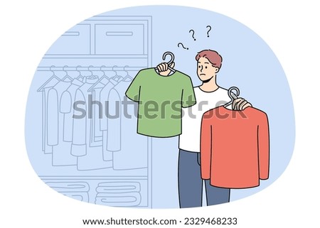 Man choosing clothes near wardrobe at home. Guy feel confused make decision about garment or apparel. Fashion and style problem. Vector illustration.