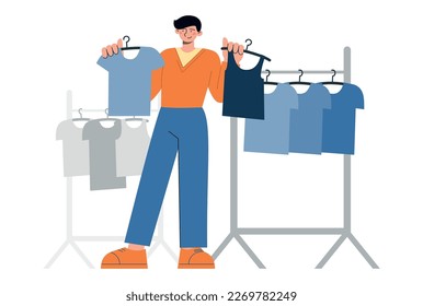 Man choosing clothes. Store application. Buy and sell clothes in web. Flat vector minimalist illustrations 