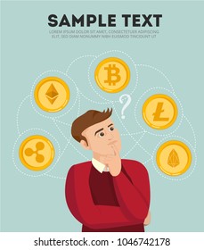 Man choosing cryptocurrency bitcoin, ethereum, litecoin, ripple, eos vector illustration blockchain technology