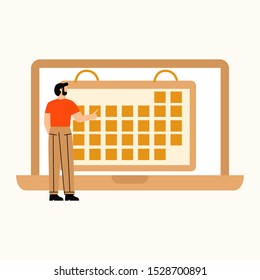 Man choosing date of appointment on calendar on giant laptop. Arrange appointment found concept. Flat vector illustration