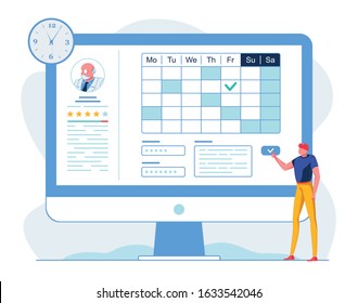 Man Choosing Doctor Online Vector Illustration. Patient Scheduling Meeting with Therapist Cartoon Character. Innovative Telemedicine Opportunities. Client Analyzing Medical Worker Profile