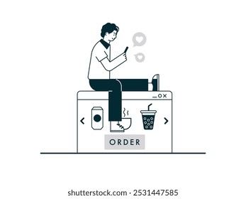 Hombre que elige el menú de la bebida en el App del teléfono, entrega a la casa del Cliente. Diseño de personajes. Ilustración plana de Vector