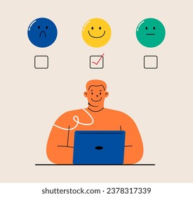 Man choosing face emoticon on the laptop. Customer service evaluation concept. Colorful vector illustration
