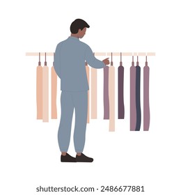 Man choosing fashion clothes on hanger in store or boutique to buy vector illustration