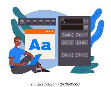 A man choosing a font. Graphic designer or freelancer developing website template or application. Create UI and UX elements for program. Flat vector illustration isolated on white background