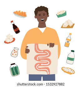 Man choosing food that contains probiotics for good digestion. Hand drawn vector illustration. Probiotics food concept for article, banner, landing. 