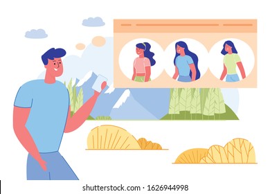 Man Choosing Girlfriend for Relationships Using Smartphone Flat Cartoon Vector Illustration. Searching for Partner in Internet Application. Different Women on Screen, Girls Profiles.