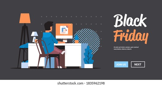 man choosing goods on monitor screen online shopping cyber monday big sale holiday discounts concept full length horizontal copy space vector illustration