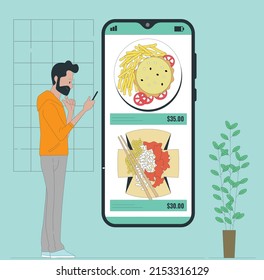Man Choosing Groceries on Smartphone Screen. Near standing Full Shopping Basket with Food, Beverages and other Grocery Products. Online Grocery Shopping Concept. Vector Illustration.