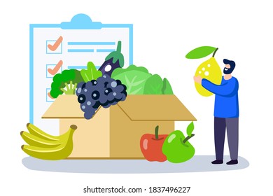 Man choosing healthy food list concept flat vector illustration Full shopping cart and flat tiny person Eating balanced meals with vitamins greens, fresh vegetables and fruits Shop Nutrition products