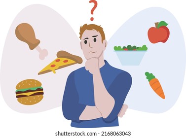 Man choosing healthy lifestyle over junk food. Confused male decide health diet or junk food unhealthy choices. Young guy questions bad food vs health fruit salad. Vector illustration dieting concept