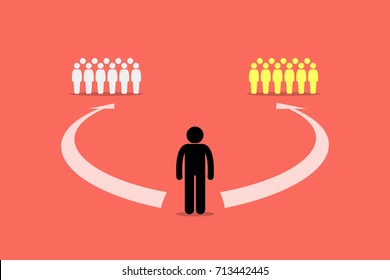 Man choosing to join between two teams or two group of people. Vector artwork depicts making decision, choice, path, and direction of life.