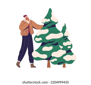 Man choosing live Xmas fir tree for Christmas at fair, market outdoors, preparing for winter holiday. Happy New Year season, December preparation. Flat vector illustration isolated on white background