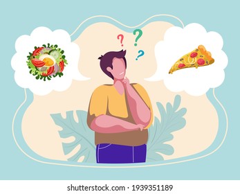 Hombre eligiendo el menú. Caracter masculino que elige qué comer. Sano vs insalubre. Comida basura versus comida equilibrada. Nutrición. Ilustración vectorial colorida. Estilo de caricatura plano.