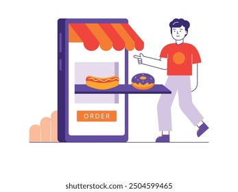 A man choosing a menu at an online food store, ordering by phone and delivered expressly. Character design. Vector flat illustration