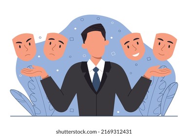 Hombre eligiendo humor. El tipo esconde emociones, hombres de negocios o empresarios con diferentes máscaras, diversas expresiones. Salud mental y psicología, fingir y mentir. Dibujo vectorial plano de dibujos animados