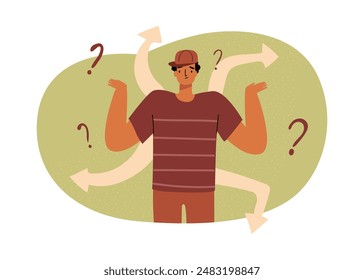 Man choosing from multiple directions, solutions and ways, search of best variant. Different options, opportunities concept. Character making choices, decisions, life path, vector illustration