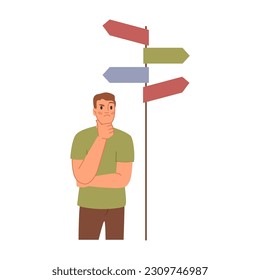 Man choosing from multiple directions, street direction pointer and thinking man flat cartoon vector illustration. Guy making choices, decision different options, opportunities and pathways