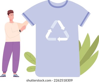 Man choosing natural recycling t-shirt. Eco shopping isolated on white background